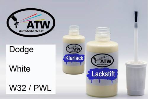 Dodge, White, W32 / PWL: 20ml Lackstift + 20ml Klarlack - Set, von ATW Autoteile West.